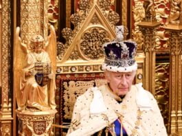 King Charles III at the State Opening of Parliament in the House of Lords Chamber, in London