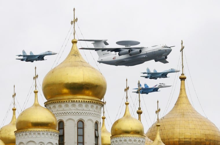 Aircraft fly over Red Square and the Kremlin during a military parade dress rehearsal in Moscow ,Russian Command Aircraft