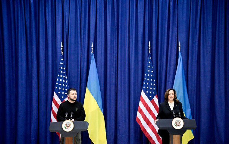 Ukrainian President Volodymyr Zelenskyy and U.S. Vice President Kamala Harris hold a joint press conference at the Munich Security Conference (MSC) in Munich, Germany on Feb. 17, 2024.