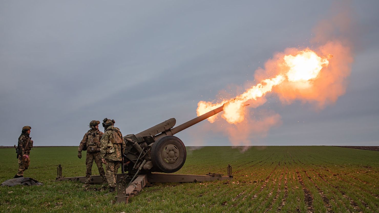 A 122mm howitzer D-30 is fired in Donetsk region.