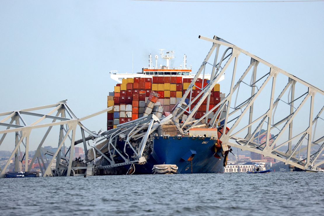 A view of the Dali cargo vessel which crashed into the Francis Scott Key Bridge, causing it to collapse in Baltimore, Maryland, on Tuesday.