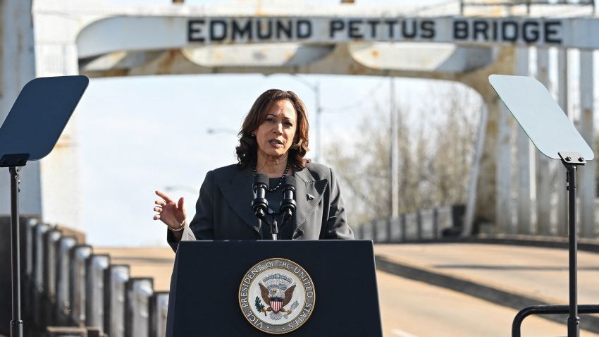 US Vice President Kamala Harris speaks at the Edmund Pettus Bridge during an event to commemorate the 59th anniversary of 