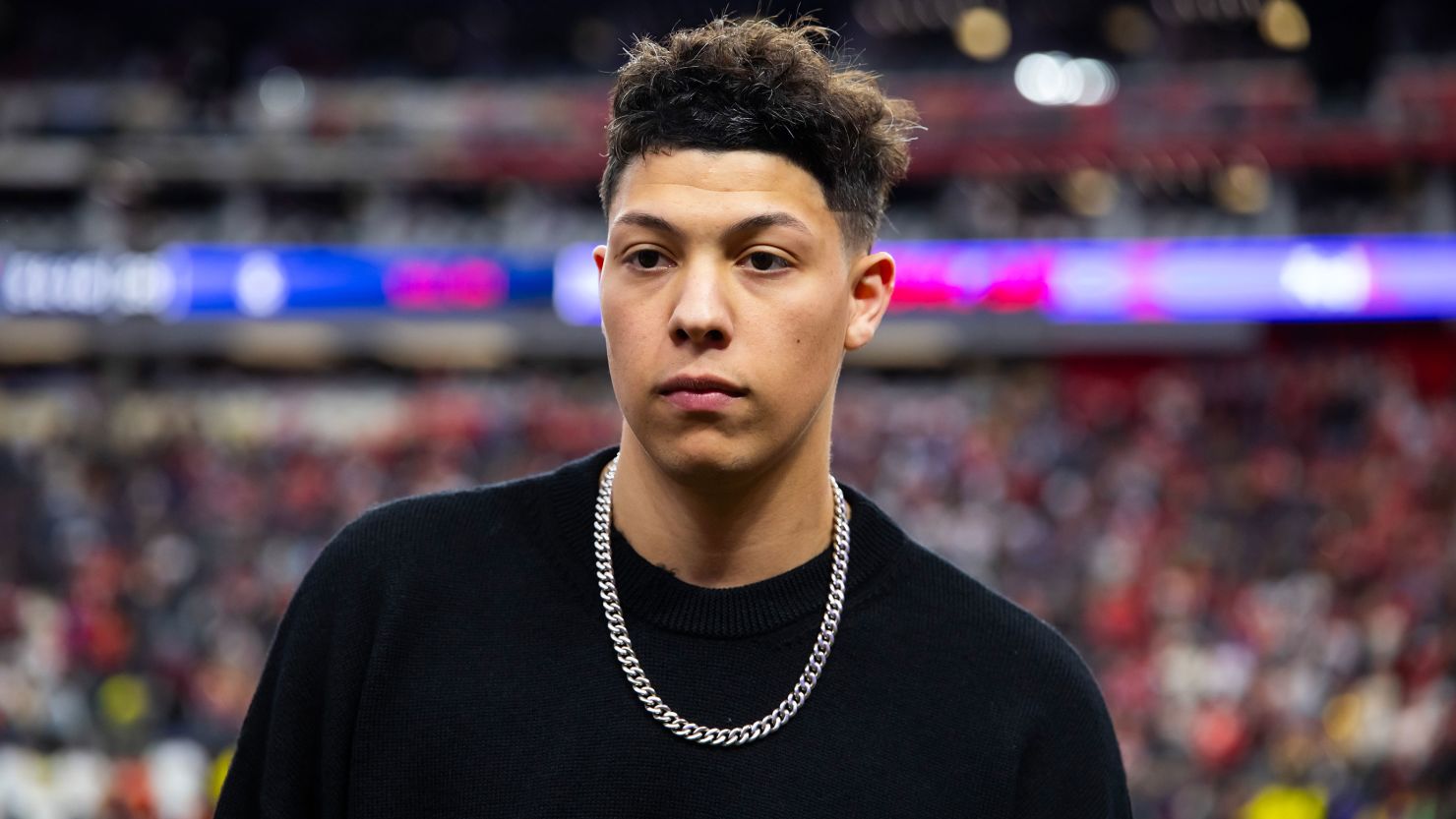 Jackson Mahomes on the sidelines before the Chiefs won the Super Bowl in February.