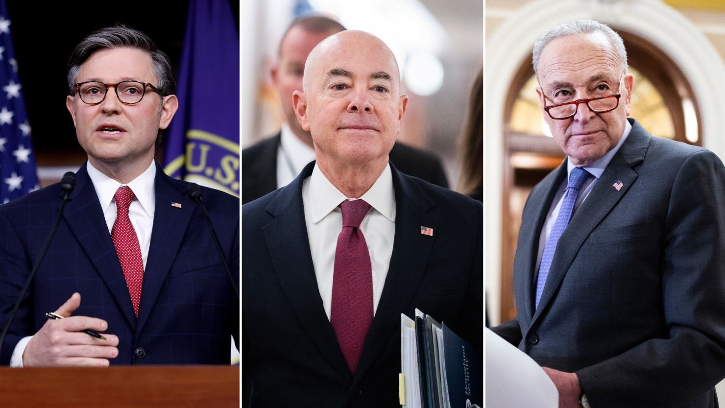 From left to right, House Speaker Mike Johnson, Homeland Security Secretary Alejandro Mayorkas and Senate Majority Leader Charles Schumer are pictured.