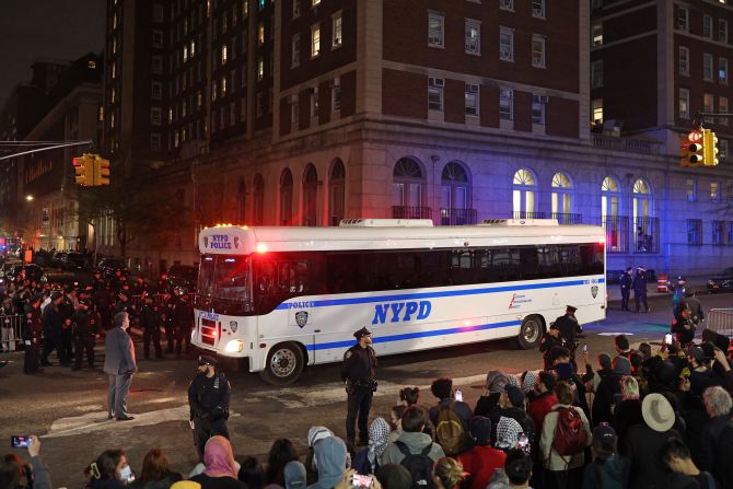 An NYPD bus transports arrested demonstrators at Columbia University in New York City on Tuesday.