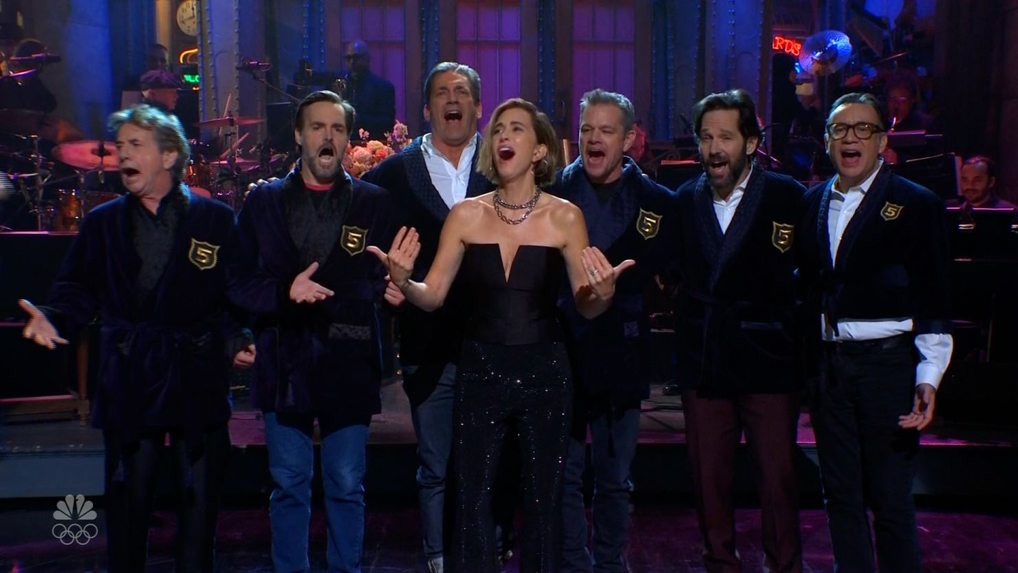 (From left) Martin Short, Will Forte, Jon Hamm, Kristen Wiig, Matt Damon, Paul Rudd and Fred Armisen on 