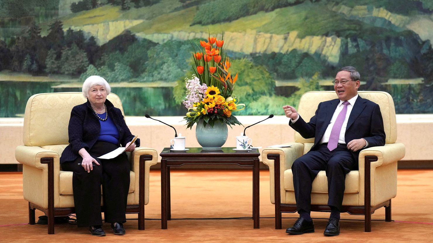 US Treasury Secretary Janet Yellen meets Chinese Premier Li Qiang at the Great Hall of the People in Beijing, China on April 7, 2024.