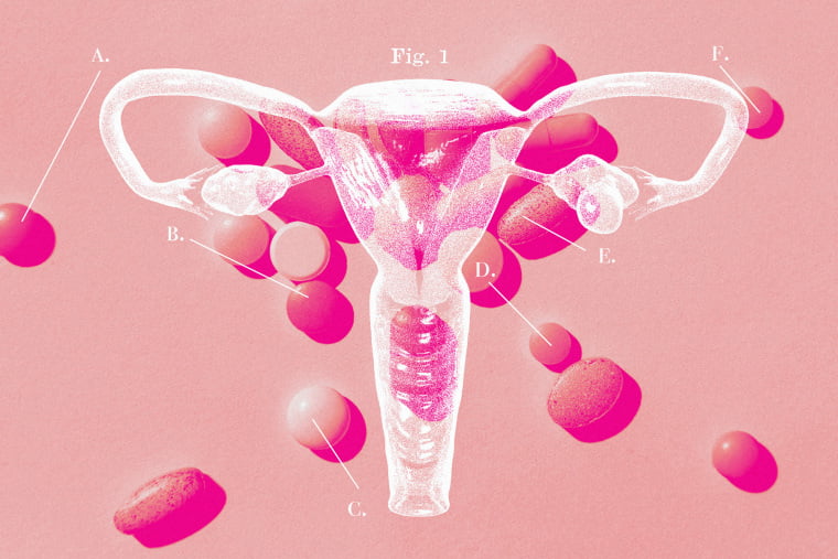 Photo illustration of female reproductive system and scattered pills PCOS