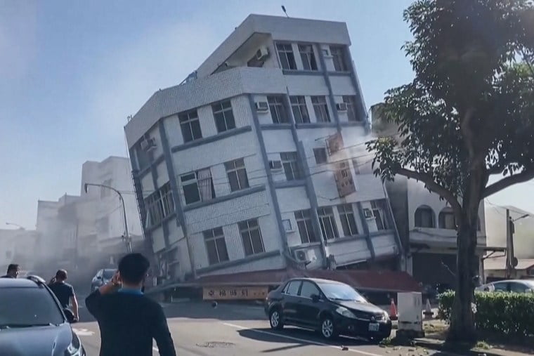 A damaged building in Hualien City, Taiwan, after an earthquake