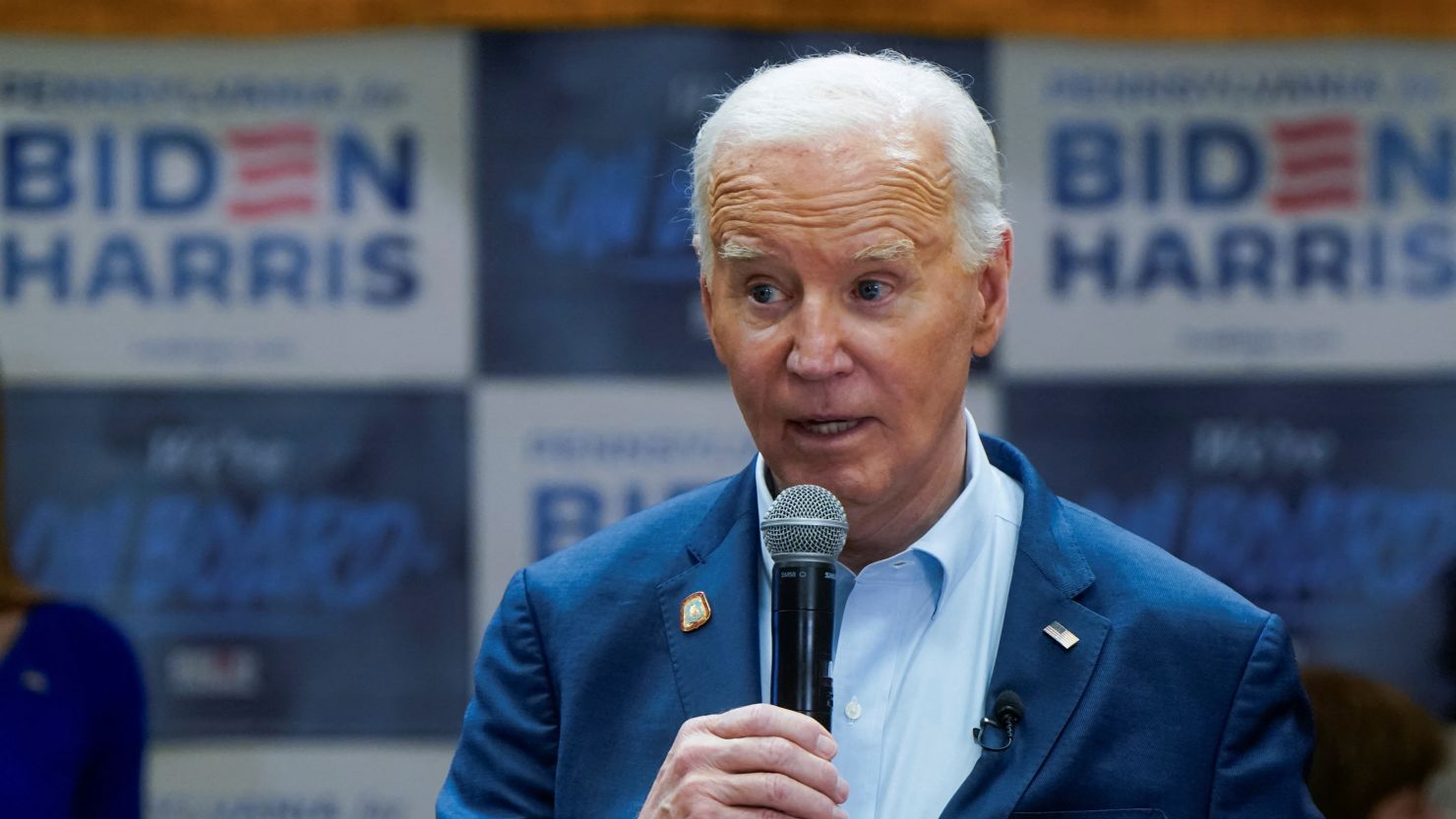 President Joe Biden speaks with supporters and volunteers attending a campaign training event at the Carpenters and Joiners Local 445 in Scranton, Pennsylvania, on April 16, 2024.