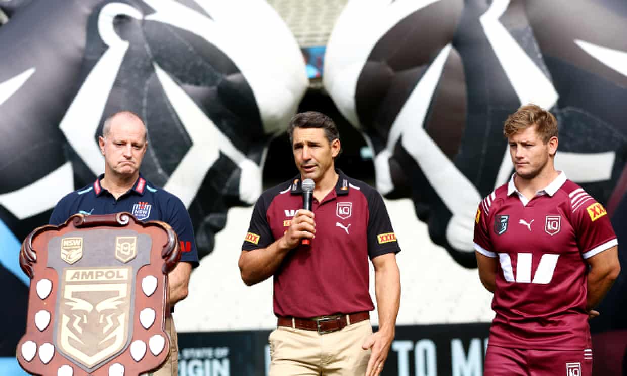 NSW Blues coach Michael Maguire, Maroons head coach Billy Slater and Melbourne Storm captain Harry Grant