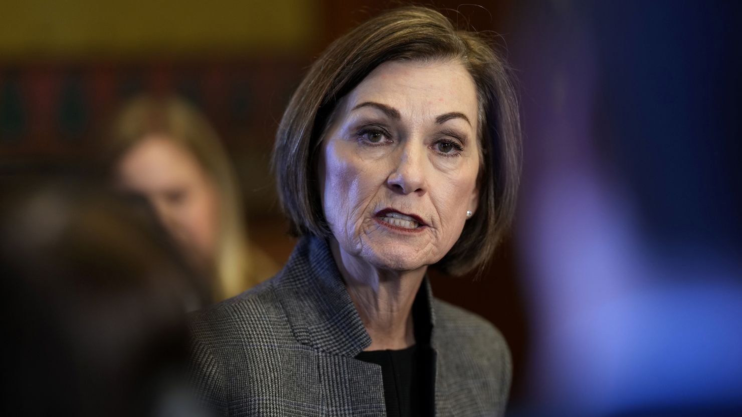 Iowa Gov. Kim Reynolds speaking during a news conference in January.