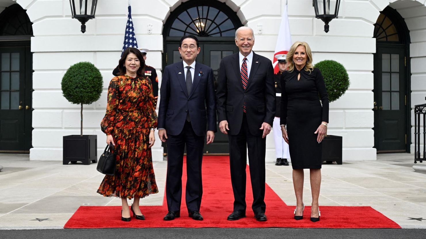 US President Joe Biden and First Lady Jill Biden welcome Japan's Prime Minister Fumio Kishida and his spouse Yuko Kishida at the South Portico of the White House in Washington, DC, on April 9, 2024.