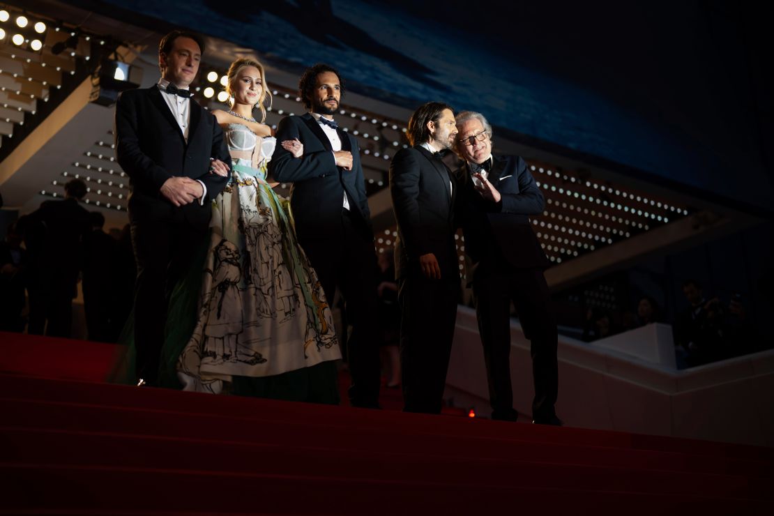 Gabriel Sherman, from left, Maria Bakalova, director Ali Abbasi, Sebastian Stan, and Martin Donovan pose for photographers at the premiere on Monday.