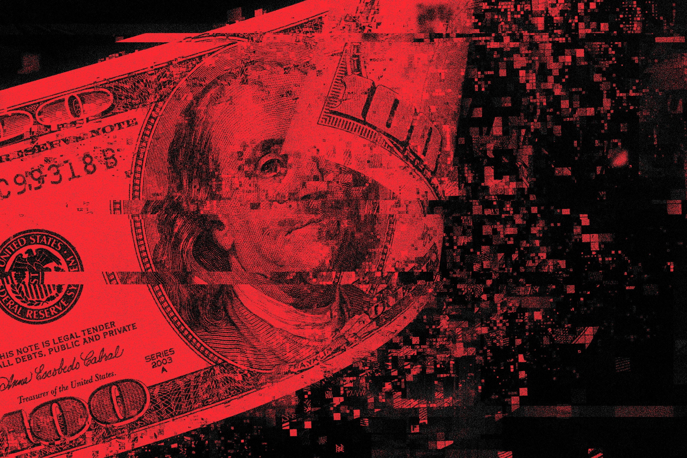 100 dollar bill with a pixelated glitch effect