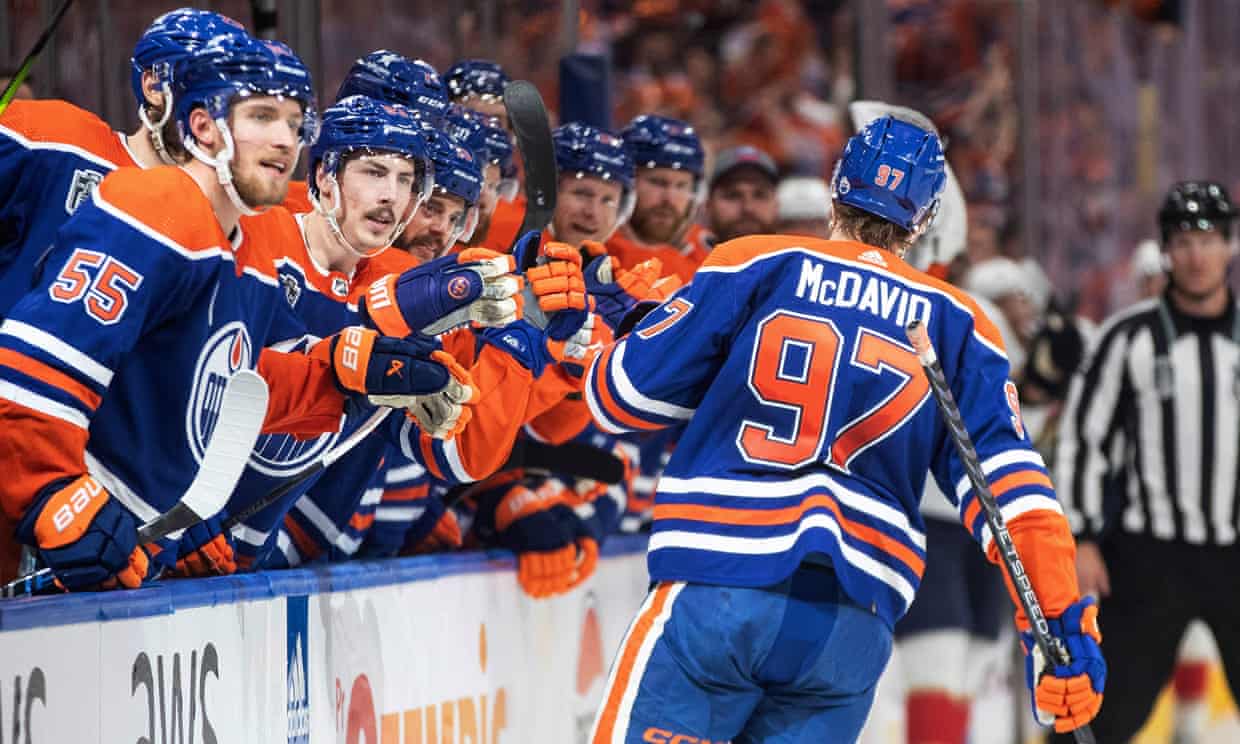The Oilers' Connor McDavid (97) celebrates a goal against the Florida Panthers during the second period of Game 4 of the Stanley Cup final.