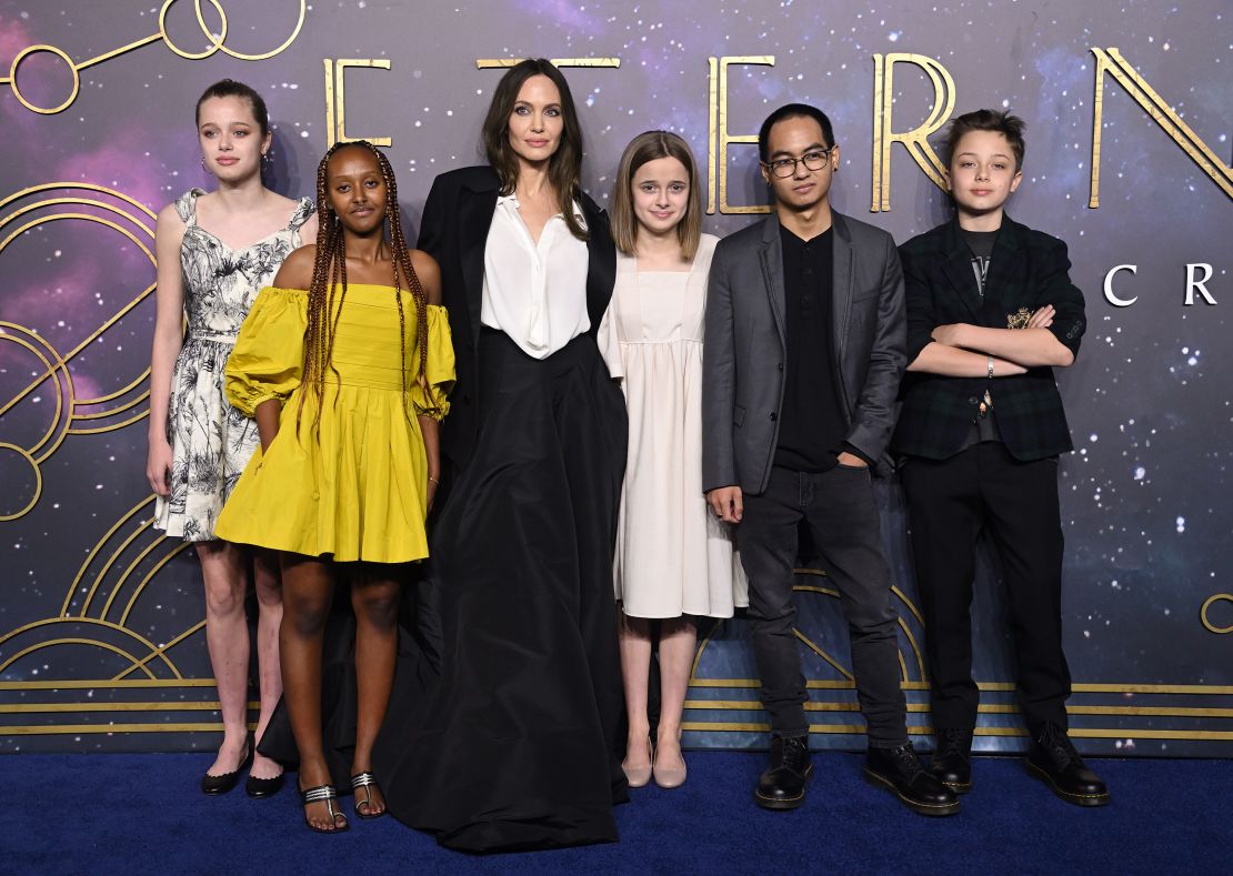 Angelina Jolie, third from left, and her children Shiloh, Zahara, Vivenne, Maddox and Knox at the London premiere of 'The Eternals' in 2021.