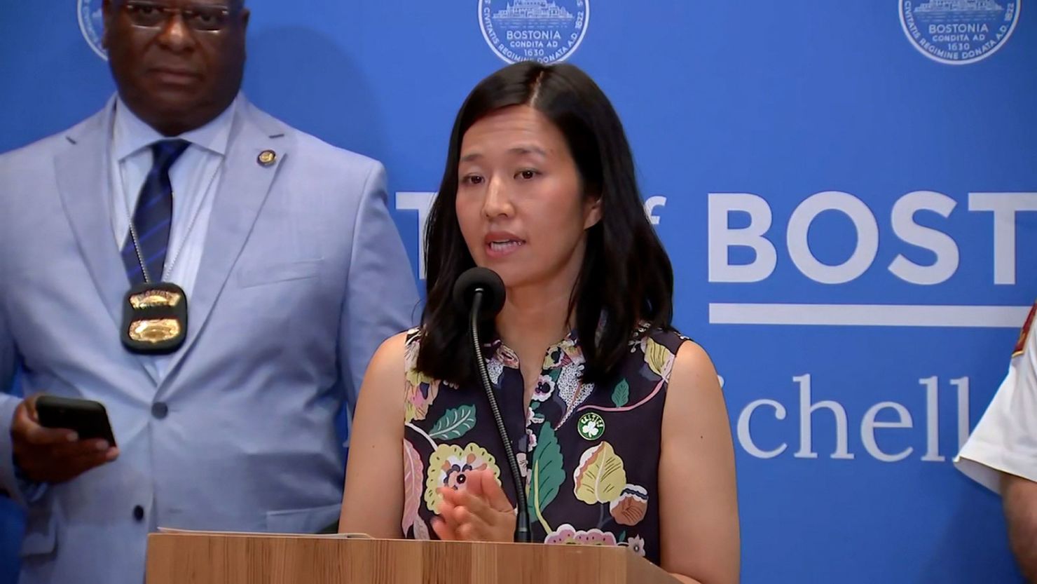 Boston Mayor Michelle Wu announces a statewide 911 outage during a news conference on Tuesday, June 18, 2024.