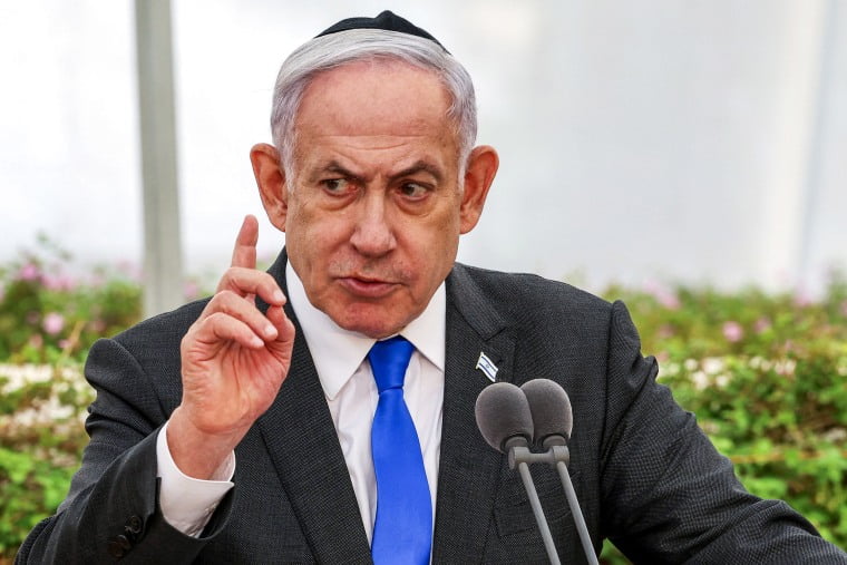 Israeli Prime Minister Benjamin Netanyahu speaks during a state memorial ceremony in Tel Aviv on June 18, 2024.