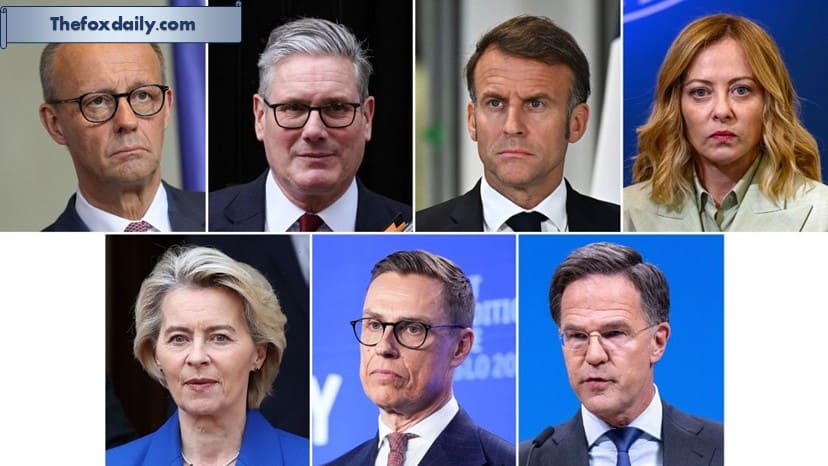 Top row from left: Germany Chancellor Friedrich Merz, British Prime Minister Keir Starmer, French President Emmanuel Macron and Italian Prime Minister Giorgia Meloni. Bottom row from left: European Commission President Ursula von der Leyen, Finnish President Alexander Stubb and NATO Secretary General Mark Rutte