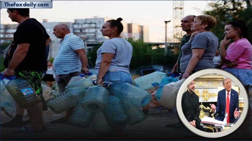 People wait in line to collect water delivered by a tank truck in Russian-controlled Donetsk city