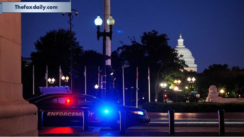 A law enforcement vehicle stands in front of Union Station near the US Capitol in Washington, DC, on Monday