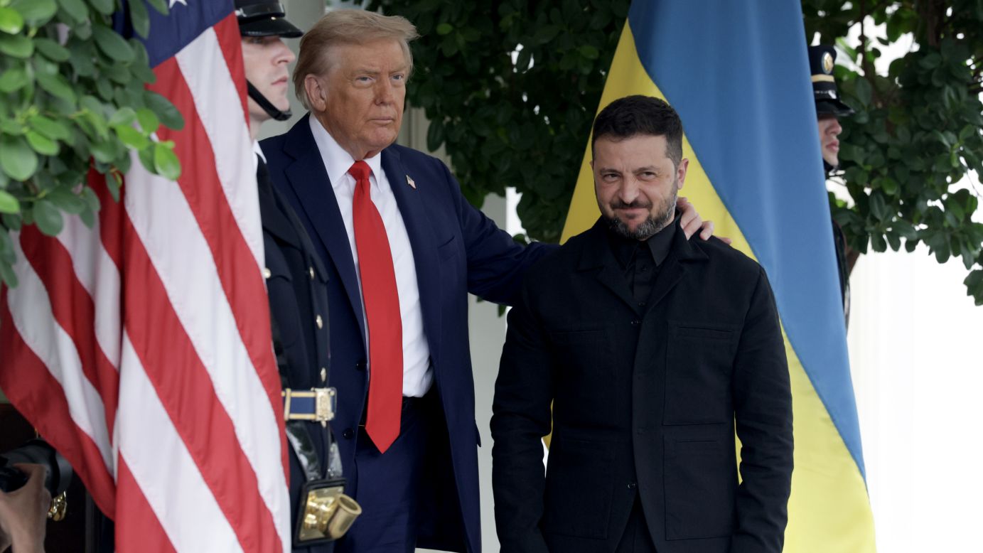 Zelensky meeting Trump on February 28, 2025 in Washington, DC wearing a black, long sleeve shirt bearing the Ukrainian trident