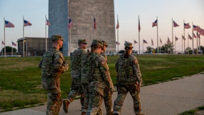 Members of the National Guard patrol the Washington Monument on August 16, 2025 in Washington, DC. An increased presence of law enforcement has been seen throughout the nation's capital since U.S. President Donald Trump announced plans to deploy federal officers and the U.S. National Guard Members of the National Guard patrol the Washington Monument on August 16, 2025 in Washington, DC. An increased presence of law enforcement has been seen throughout the nation's capital since U.S. President Donald Trump announced plans to deploy federal officers and the U.S. National Guard