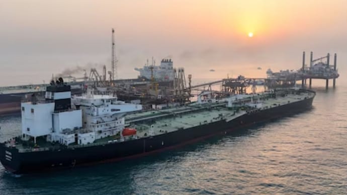 A drone view shows oil tankers loading crude oil at the Basra Oil Terminal in Iraqi territorial waters, off the coast of Basra, Iraq