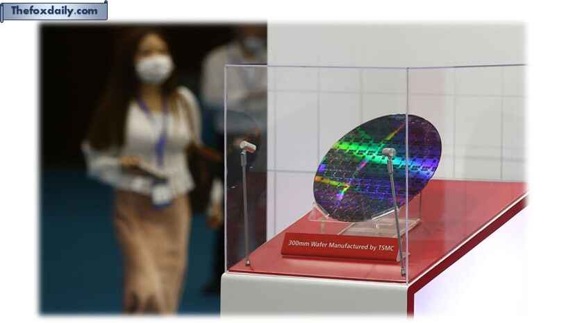 A 300mm wafer is on display at the Taiwan Semiconductor Manufacturing Company (TSMC) stand during the 2020 World Semiconductor Conference