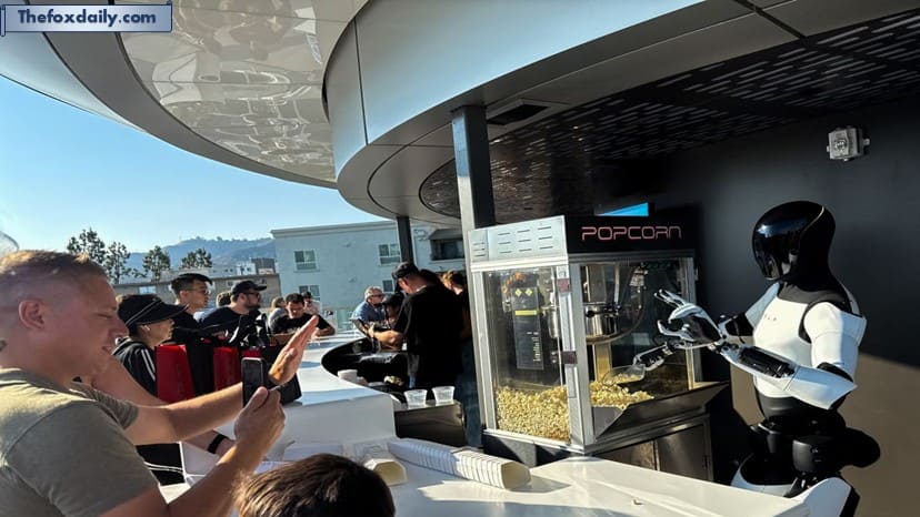 A Tesla Optimus robot scoops popcorn and gestures at attendees during the opening of the Tesla Diner on July 21, 2025
