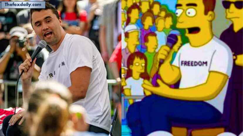 Charlie Kirk at Utah Valley University before he was shot (L) and the Ai generated image of the image as a The Simpson character going viral (R).