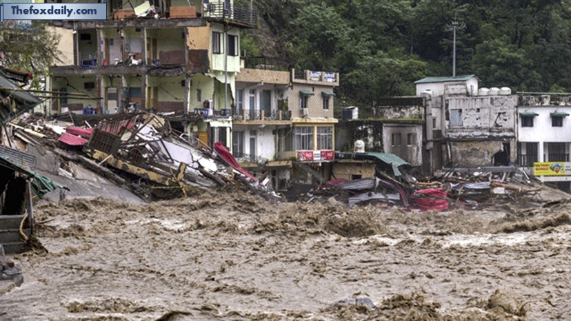 Damaged remains of guest houses near the river after a downpour triggered cloudburst and landslides in Dehradun