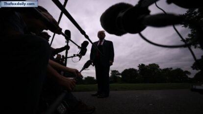 President Donald Trump speaks to the media as he departs the White House on August 1, 2025, in Washington, DC