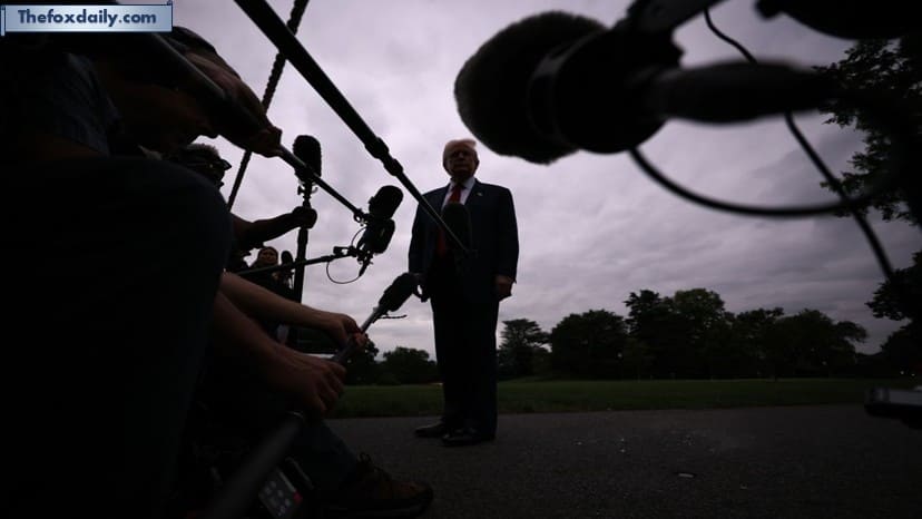 President Donald Trump speaks to the media as he departs the White House on August 1, 2025, in Washington, DC
