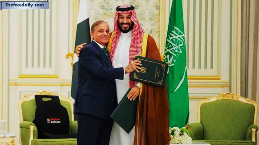 Saudi Crown Prince Mohammed bin Salman and Pakistan Prime Minister Shehbaz Sharif embrace each other on the day they sign a defence agreement, in Riyadh.