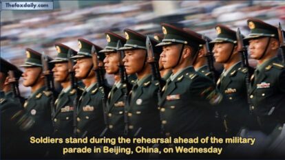 Soldiers stand during the rehearsal ahead of the military parade in Beijing, China, on Wednesday Soldiers stand during the rehearsal ahead of the military parade in Beijing, China, on Wednesday