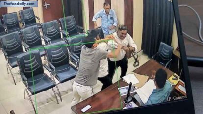 The headmaster was caught on CCTV whipping a Basic Education Officer with a belt at his office in Uttar Pradesh's Sitapur district.