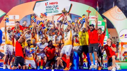 India hockey team celebrate winning the Asia Cup after defeating Korea in the final. (Hockey India) India hockey team celebrate winning the Asia Cup after defeating Korea in the final. (Hockey India)