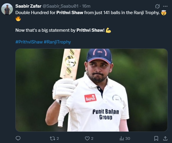 Prithvi Shaw celebrates his record-breaking double century in the Ranji Trophy.