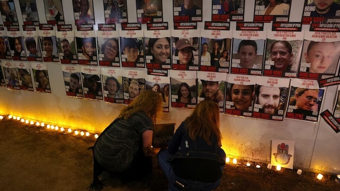 Portraits of hostages held by Hamas