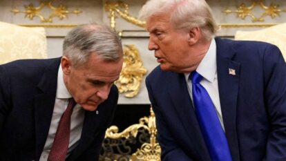 US President Donald Trump meets with Canadian Prime Minister Mark Carney in the Oval Office.