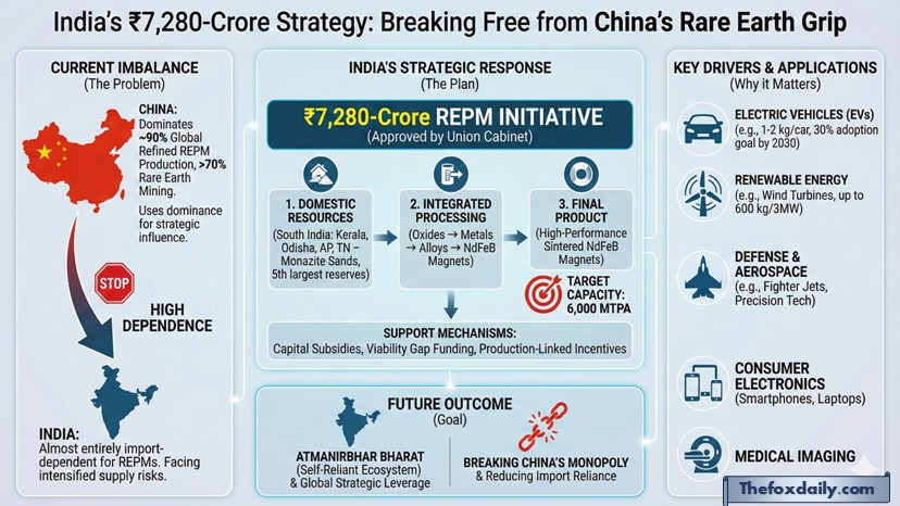 How India Plans to Break Free From China’s Grip With Its Rs 7,280-Crore Rare Earths Strategy The Union Cabinet has approved a Rs 7,280-crore rare earth permanent magnet (REPM) programme aimed at cutting dependence on Chinese imports. Beyond industrial benefits, the seven-year initiative also strengthens India’s geopolitical leverage.