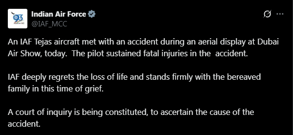 The pilot in the Tejas aircraft crash during the Dubai Air Show has been identified as Squadron Leader Naman Syal from Kangra.