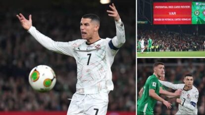Cristiano Ronaldo suffered his first red card in a senior Portugal shirt in 22 years while facing Ireland in Dublin. Cristiano Ronaldo suffered his first red card in a senior Portugal shirt in 22 years while facing Ireland in Dublin.