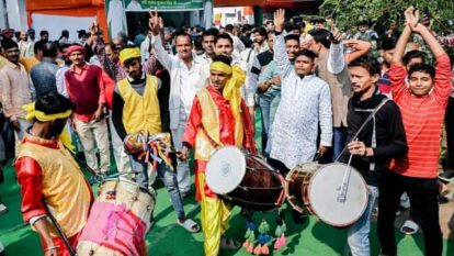 Party supporters celebrate the party's lead in Bihar assembly elections on Friday Party supporters celebrate the party's lead in Bihar assembly elections on Friday