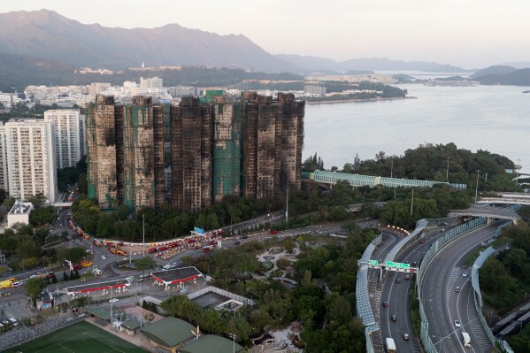 An aerial view of the burnt buildings after a deadly fire that started Wednesday at Wang Fuk Court, a residential estate in the Tai Po district of Hong Kong
