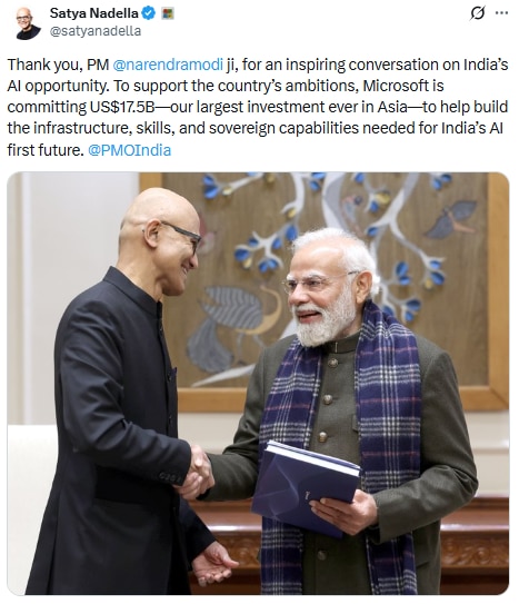 Microsoft CEO Satya Nadella announced that he was investing USD 17.5 billion
