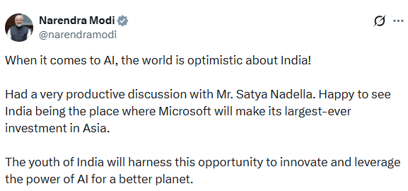 Microsoft CEO Satya Nadella announced that he was investing USD 17.5 billion