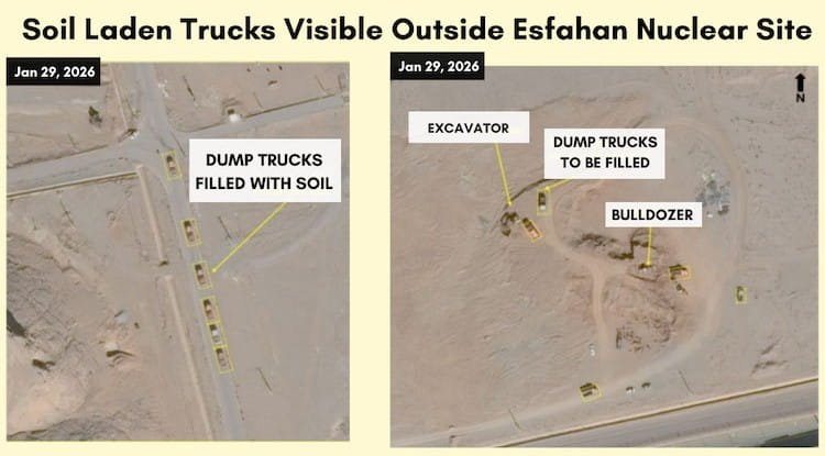 Satellite imagery showing backfilled tunnel entrances at the Esfahan nuclear site
